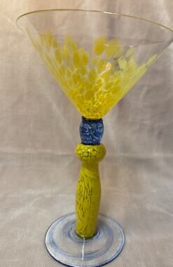 Martini Glass Hand Blown.  Art Glass – Blue Yellow Mexican Studio